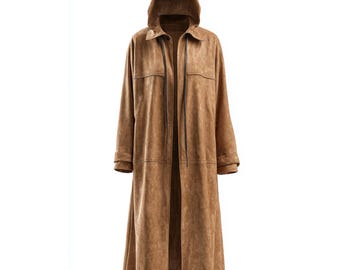Mantello in pelle scamosciata con cappuccio da uomo / Trench in pelle vintage / Giacca midi in pelle di pecora marrone / Regalo per lui / Cappotto autunnale personalizzato fatto a mano per Halloween