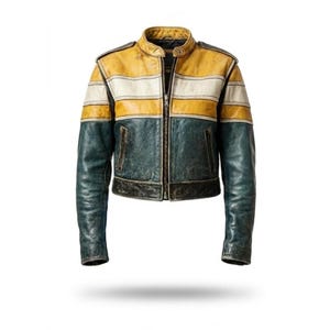 Op de afbeelding: Een leren jas met een color-block ontwerp, bestaande uit een mosterdgeel bovendeel, een witte horizontale streep en een donkergroenblauw onderste deel. De jas heeft een opstaande kraag, een centrale metalen ritssluiting en twee verticale zakken met rits.