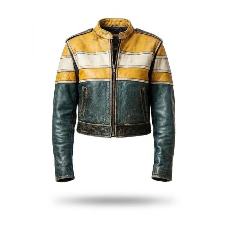 Op de afbeelding: Een leren jas met een color-block ontwerp, bestaande uit een mosterdgeel bovendeel, een witte horizontale streep en een donkergroenblauw onderste deel. De jas heeft een opstaande kraag, een centrale metalen ritssluiting en twee verticale zakken met rits.