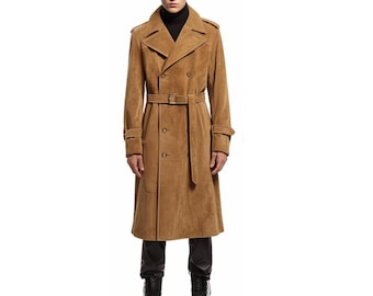 Abrigo de ante marrón para hombre / Chaqueta estilo gabardina de piel de oveja vintage estilo retro / Abrigo de invierno / Regalo para él / Chaqueta de ante personalizada
