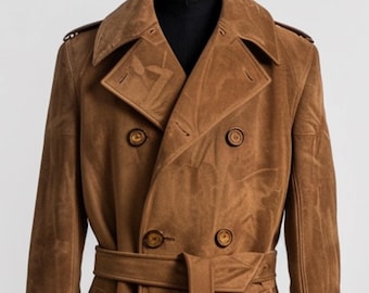 Trench in pelle scamosciata marrone da uomo - Stile militare vintage / Trench in pelle midi anni '90 / Regalo invernale personalizzato per lui Cappotto spolverino marrone da uomo