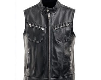 Men’s Black Leather Vest | Custom Sheepskin Waistcoat | Biker Motorcycle Vest | Handmade Leather Vests | Gift for Him