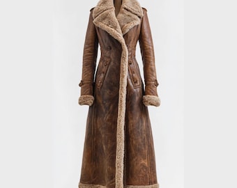 Cappotto da donna Penny Lane / Trench lungo marrone in montone stile afghano / Cappotto invernale in pelle foderato in pelliccia / Regalo per lei / Cappotto vintage in pelle e pelliccia