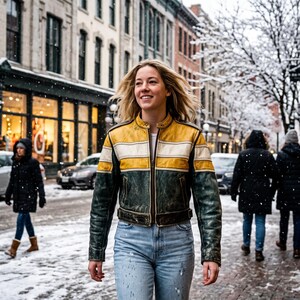 Op de afbeelding: Een kort leren jack met een kleurgeblokt ontwerp met een geel bovengedeelte, een witte horizontale streep en een donkergroen ondergedeelte. Het jack is voorzien van een ritssluiting aan de voorzijde en lange mouwen.