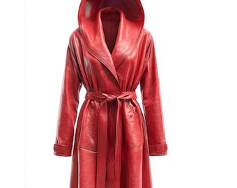 Trench in pelle rossa con cappuccio da donna / Trench midi vintage con cintura / Cappotto in pelle di pecora anni '90 / Regalo per lei / Moda autunno inverno