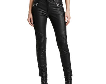 Black Leather Biker Pants for Men – Handmade Sheepskin Moto Pant, Custom Slim Fit, Lined Winter Riding Trousers – Mens Leather Jeans Cowhide