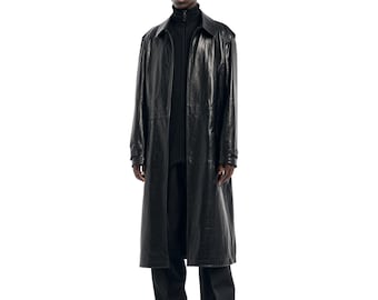 Men's Leather Trench Coat | Military Belted Sheepskin Overcoat | Vintage Black  Overcoat | Halloween Long Winter Coat | Gift for Him