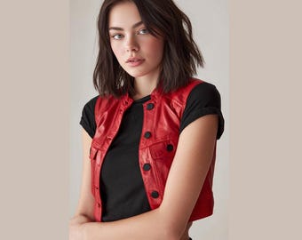 Gilet en cuir rouge pour femme | Veste de motard courte | Gilet fait main en peau de mouton personnalisé | Cadeau pour elle | Mode streetwear moto