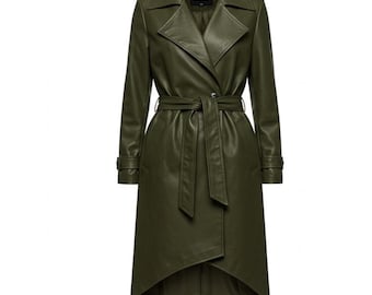 Olive Green Sheepskin Trench Coat Women | Vintage Leather Coat  | 90s Midi Military Style | Custom Winter Jacket | Gift for Her