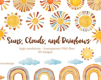 Suns, Clouds, and Rainbow - Weather Watercolor Clip Arts