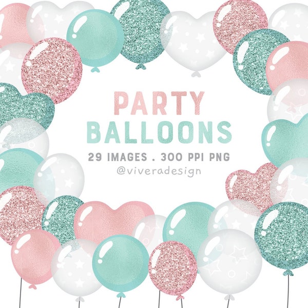 Party Balloon Clip Art in Mint, Blush, and Transparent Starry White. Shinny and Sparkly Aqua/Turquoise and Pink.