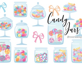 Pastel Candies, Lollipops, and Sweets in Glass Jars  - Digital Clip Art - Instant Download