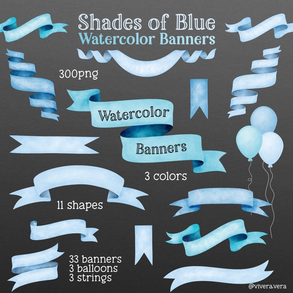 Shades of Blue Watercolor Banner Clip Art - Digital Cliparts - Digital Banners - Watercolour RIbbon Banners