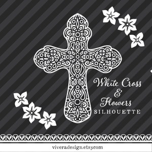 Wit Kruis en Bloemsilhouet - Vijf Kruisen en Drie Bloemen - Digitale Illustraties - PNG & SVG