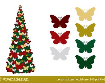 tree butterfly clip christmas digital pink silver gold pomegranate