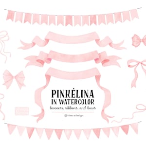 Baby Rosa Aquarell Bögen Bänder Banner Clip Art - Süße Rosa Wimpelketten