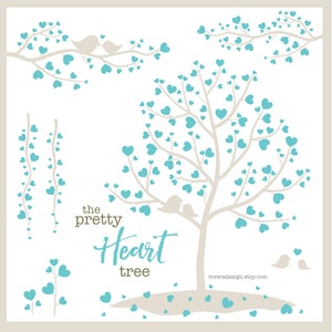 The Pretty Heart Tree - Clip Art Digital - Download instantâneo - Turquesa + Bege - Árvores, galhos, vinhas e pássaros