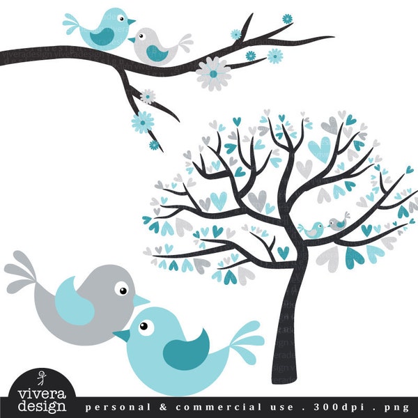 Winter Wedding Clipart - Love Birds in Silver and Turquoise - Digital Clip Art