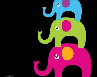 Bright Elephants Digital Clip Art - 15 Elephants in Bright Colors