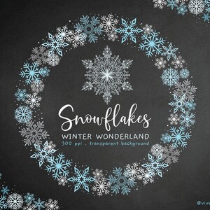 May include: A black background with a wreath of white and light blue snowflakes. The text "Snowflakes Winter Wonderland 300 ppi - transparent background" is in the center of the wreath.