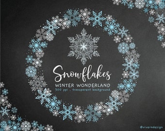 Silver Aqua Snowflakes Frames and Cliparts - Digital Snowflake Circle Frames - Christmas Winter Wonderland Clip Art