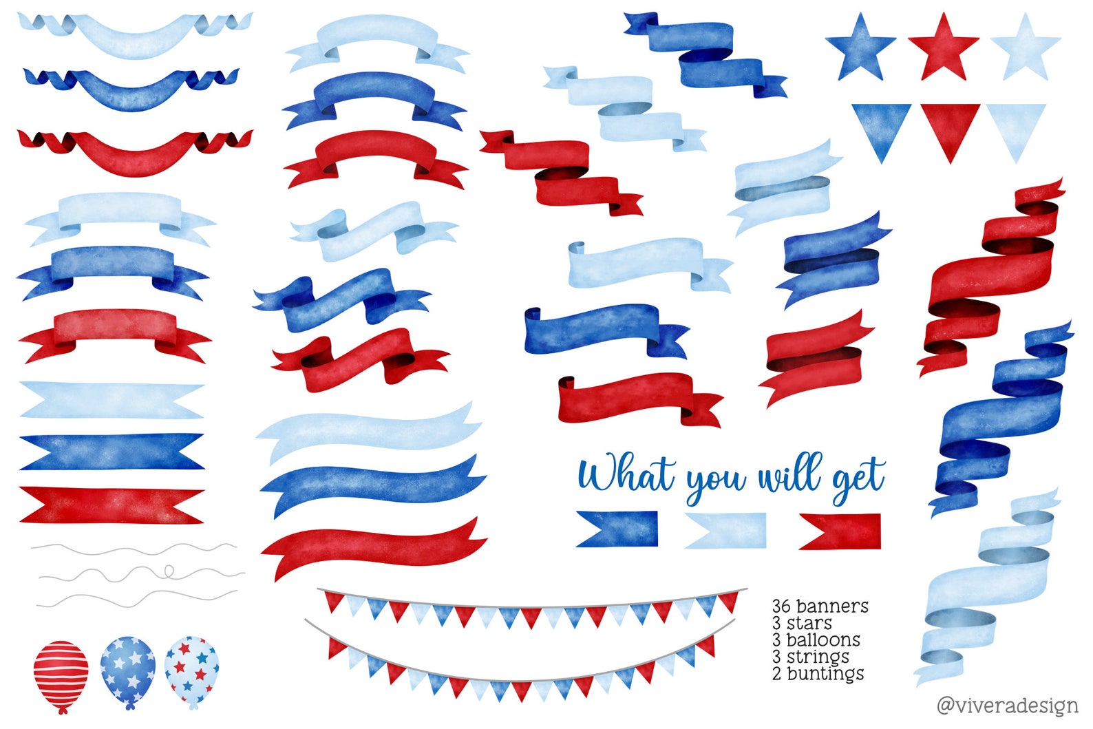 Red White Blue Watercolor Banners Ribbons Clip Art Fourth of July 4th