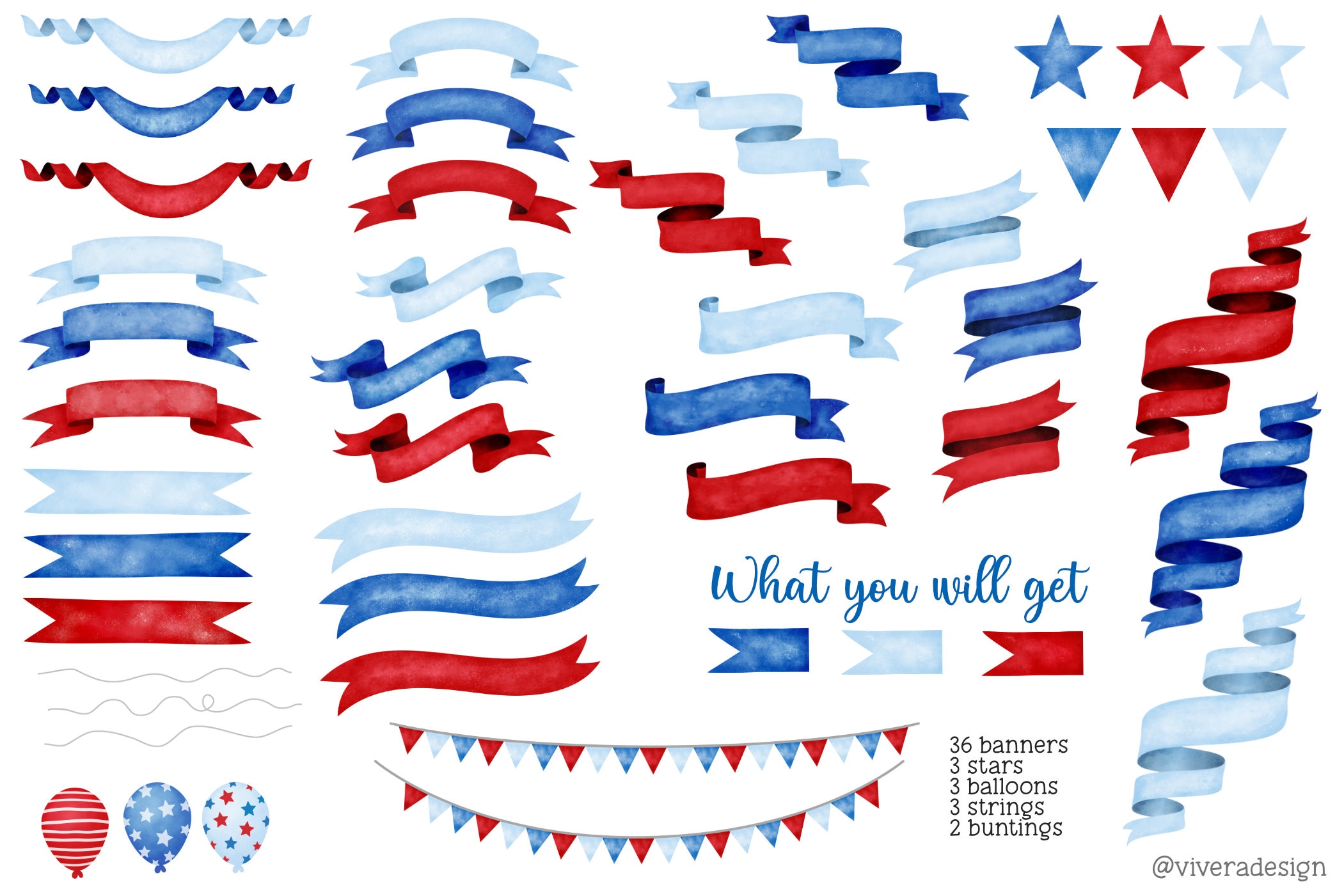 Red White Blue Watercolor Banners Ribbons Clip Art Fourth of - Etsy