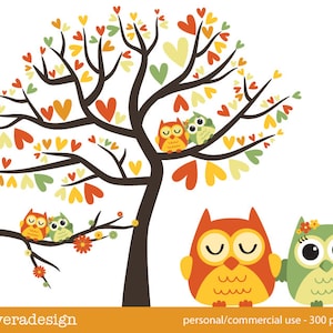 Owl Love Birds - Almost Autumn - Digital Clip Art