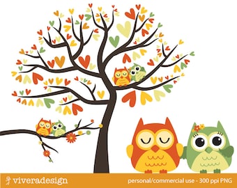 Owl Love Birds - Almost Autumn - Digital Clip Art