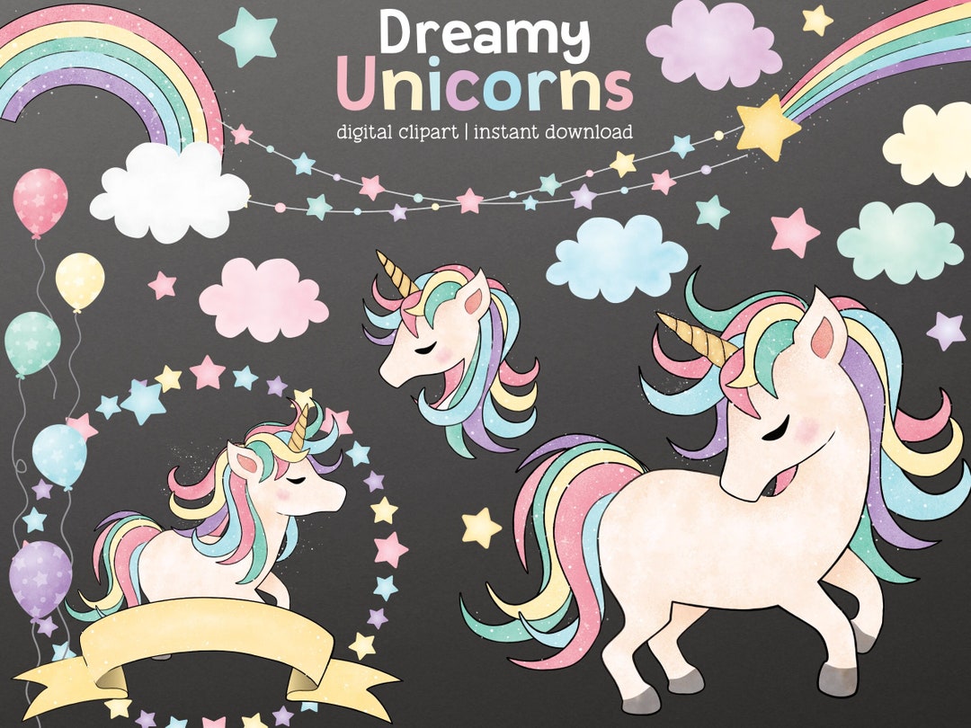 Dreamy Unicorns - Digital Cliparts - Pastel Watercolor Unicorn, Rainbow ...