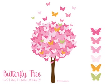 Butterfly Tree Digital Clip Art - Pink, Orange, and Green - PNG | SVG