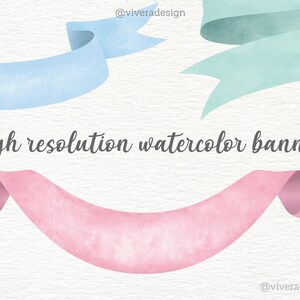 Watercolor Banners Ribbons Clip Art Pink, Blue, Lavender, Cream, and Mint Graphic for Invitations, Party Decorations Pastel Banners image 7