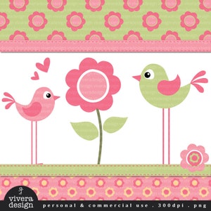 Digital Clip Art Flower Birdies in Soft Pink and Green image 1