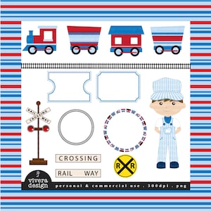 All Aboard the Party Train Clip Art in Blue and Red and Light Blue image 1