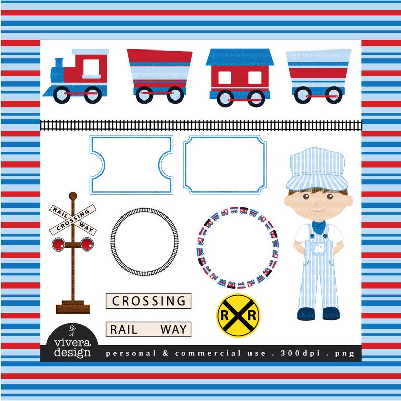 All Aboard the Party Train Clip Art in Blue and Red and Light Blue image 1