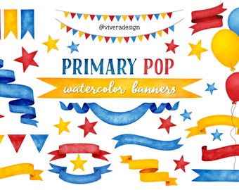 Primary Pop Watercolor Ribbon Banners Clip Art - Sunny Yellow and Blue - Bunting & Balloons