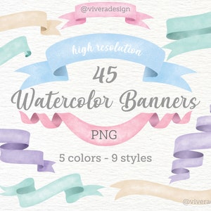 Watercolor Banners Ribbons Clip Art Pink, Blue, Lavender, Cream, and Mint Graphic for Invitations, Party Decorations Pastel Banners image 1