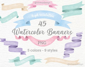 Watercolor Banners Ribbons Clip Art - Pink, Blue, Lavender, Cream, and Mint - Graphic for Invitations, Party Decorations - Pastel Banners