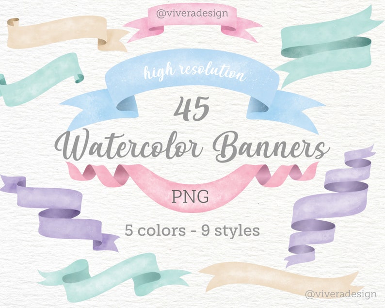 Watercolor Banners Ribbons Clip Art Pink, Blue, Lavender, Cream, and Mint Graphic for Invitations, Party Decorations Pastel Banners image 1