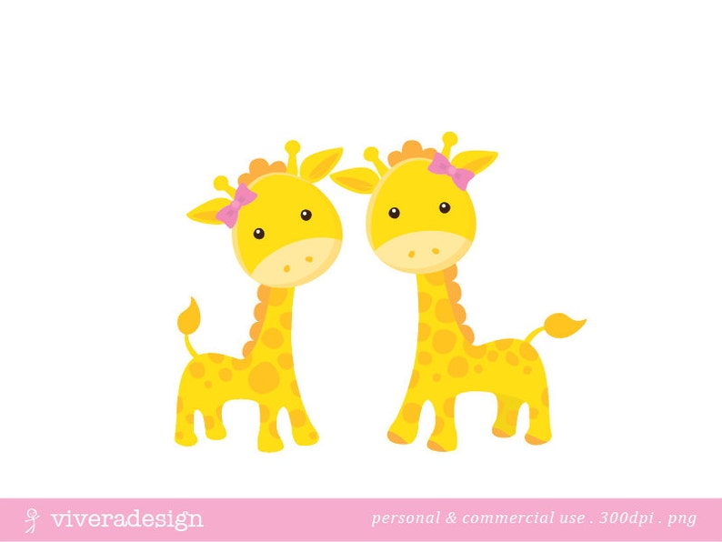 Yellow Giraffe Digital Clip Art with a Pink and a Blue Bow image 3