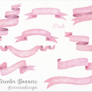 Watercolor Banners Ribbons Clip Art Pink, Blue, Lavender, Cream, and Mint Graphic for Invitations, Party Decorations Pastel Banners image 3