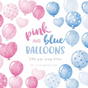 Clip art de globos de acuarela rosa y azul: globos de niña o niño: ideas de decoración para revelar el género del bebé, fiestas y publicaciones en redes sociales