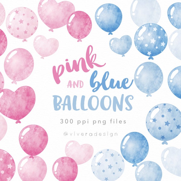 Pink and Blue Watercolor Balloon Clip Art - Girl or Boy Balloons - Gender Reveal Decoration Ideas for Parties, Social Media Posts