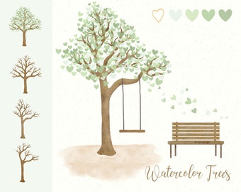 Watercolor Tree | Sage Green | PNG | Swing | Wooden Bench | Digital Clip Art | Instant Download