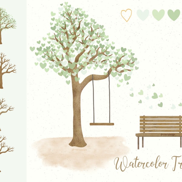 Watercolor Tree | Sage Green | PNG | Swing | Wooden Bench | Digital Clip Art | Instant Download