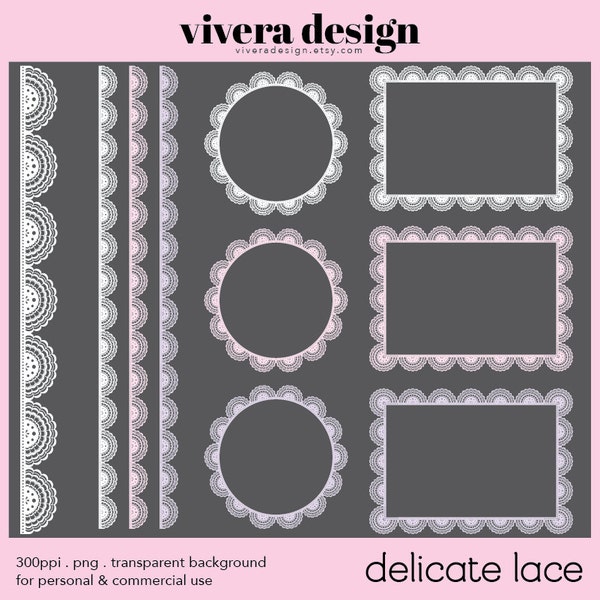 Clip Art Digital - Delicate Lace Frames - Rectangle 5x7, 4x6 - Circle - Line Border