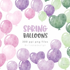 Palloncini primaverili - ClipArt palloncino acquerello nei toni del rosa, viola e verde. Baby Shower, compleanni e idee per la decorazione di San Valentino