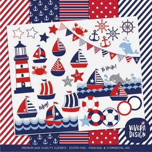 Maritimes Segeln Clipart - Leuchtturm, Schiffe, Anker, Buoy, Wal, Krabbe, Sterne, Seestern, Wellen, Segelboot - mit digitalen Papieren