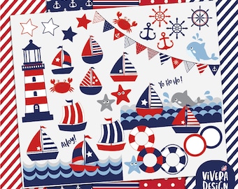 Nautical Clipart Set: Lighthouse, Sailboats, Whale & Digital Papers (PNG)