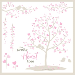 The Pink Pretty Heart Tree - PNG y SVG - Digital Clip Art - Descarga Instantánea - Rosa + Beige - Árboles, Ramas, Vides y Pájaros